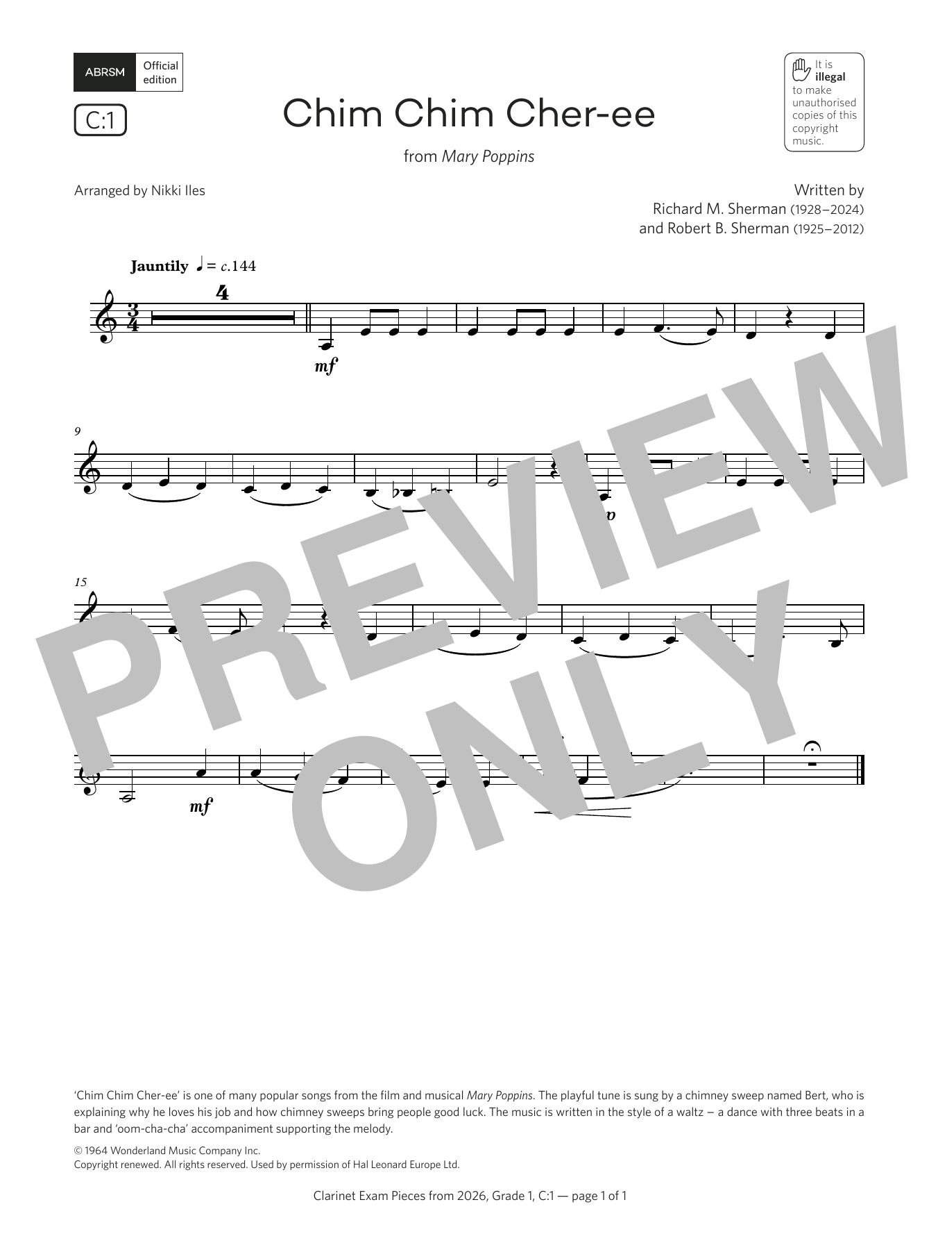 Product gallery: Page 1 of 1 Chim Chim Cher-ee (Grade 1, list C1, from the ABRSM Clarinet Syllabus from 2026), Richard Sherman & Robert Sherman