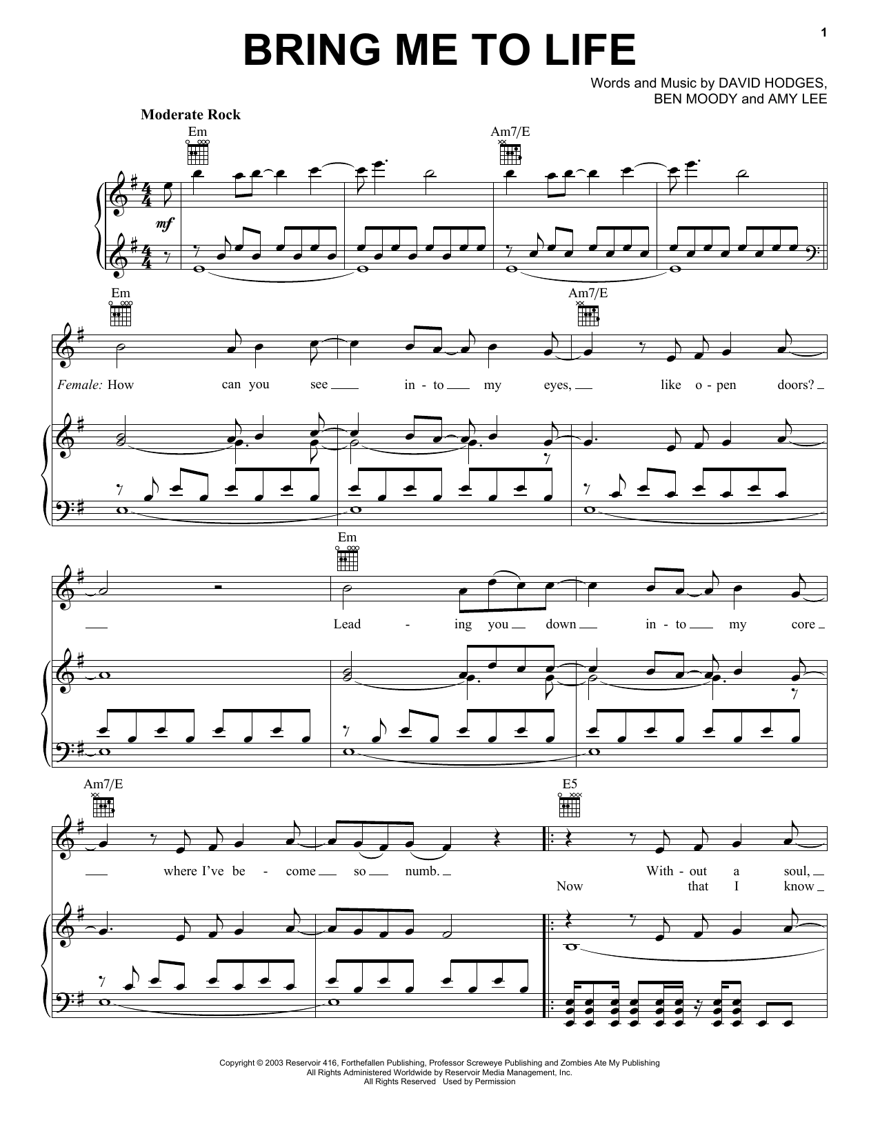 Produktgalerie: Seite 1 von 1 Bring Me To Life, Evanescence, Gesang, Gitarre, Klavier