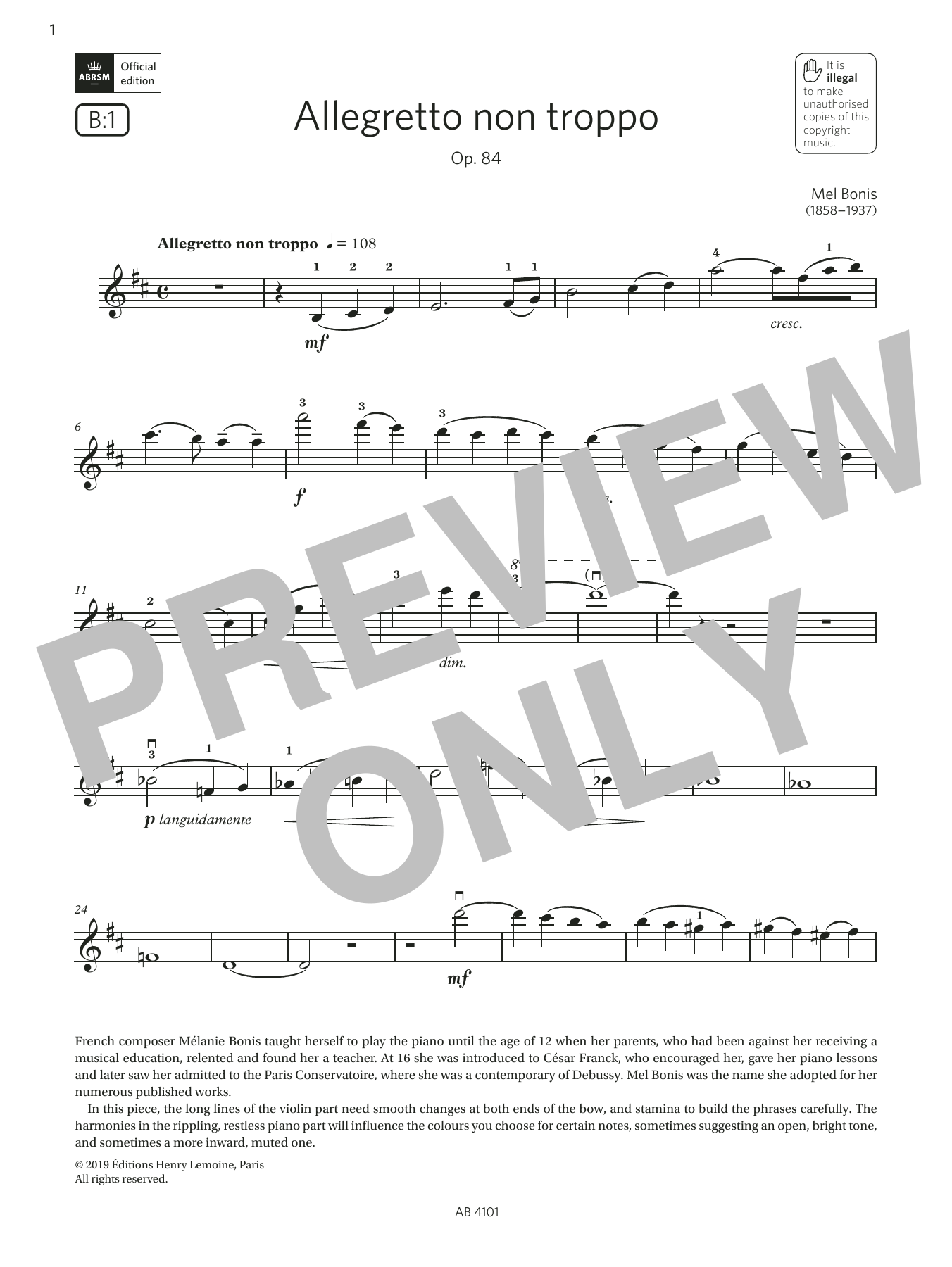 Produktbild zu:  Allegretto non troppo (Grade 7, B1, from the ABRSM Violin Syllabus from 2024) - Mel Bonis