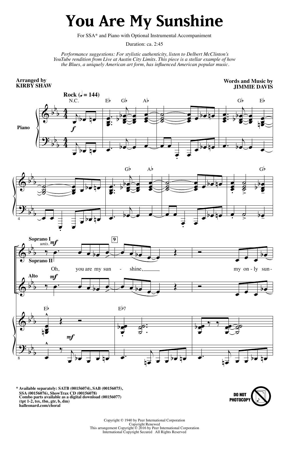 Product gallery: Page 1 of 1 You Are My Sunshine (arr. Kirby Shaw), Jimmie Davis