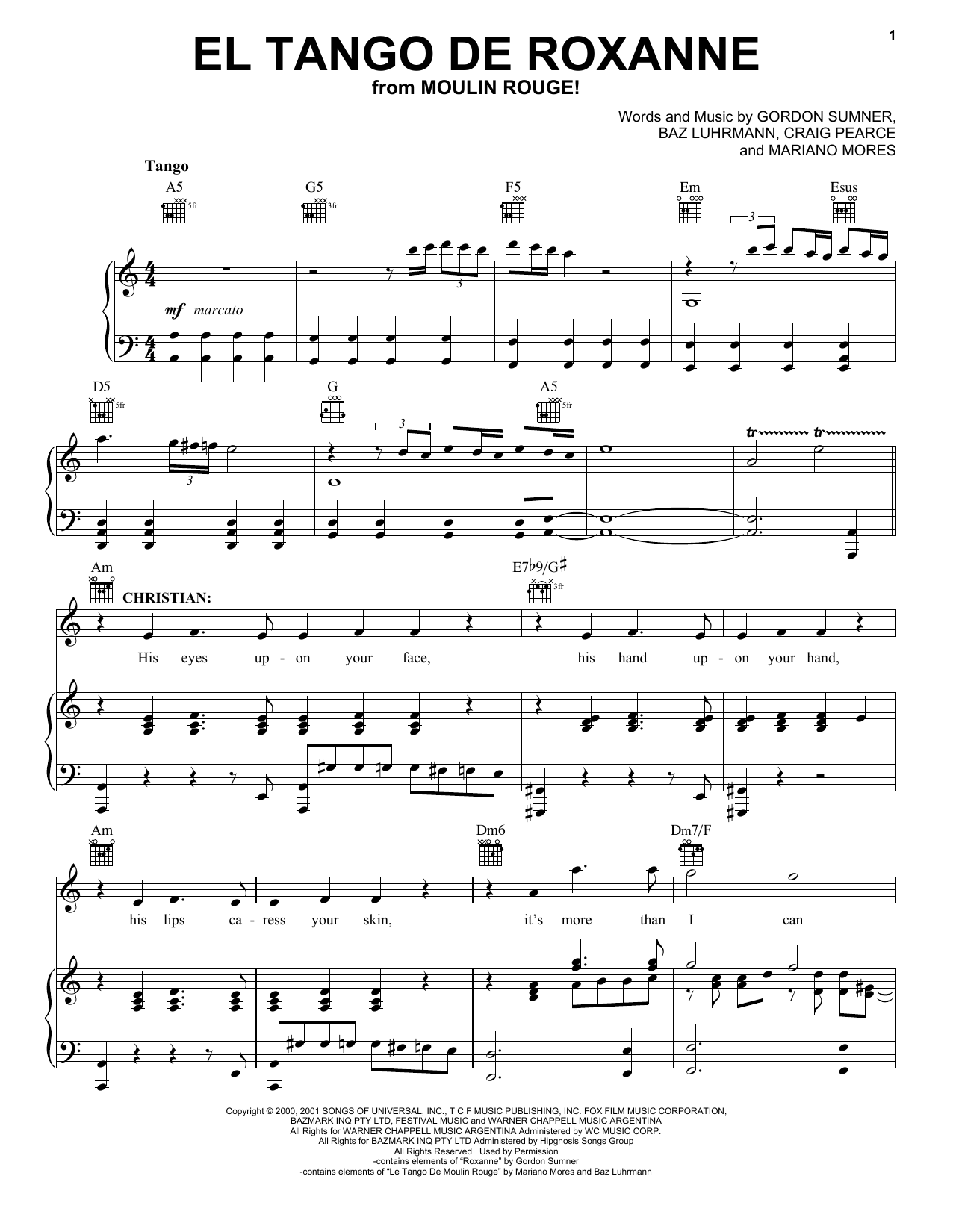 Produktgalerie: Seite 1 von 1 El Tango De Roxanne (from Moulin Rouge! The Musical), Moulin Rouge! The Musical Cast, Gesang, Gitarre, Klavier