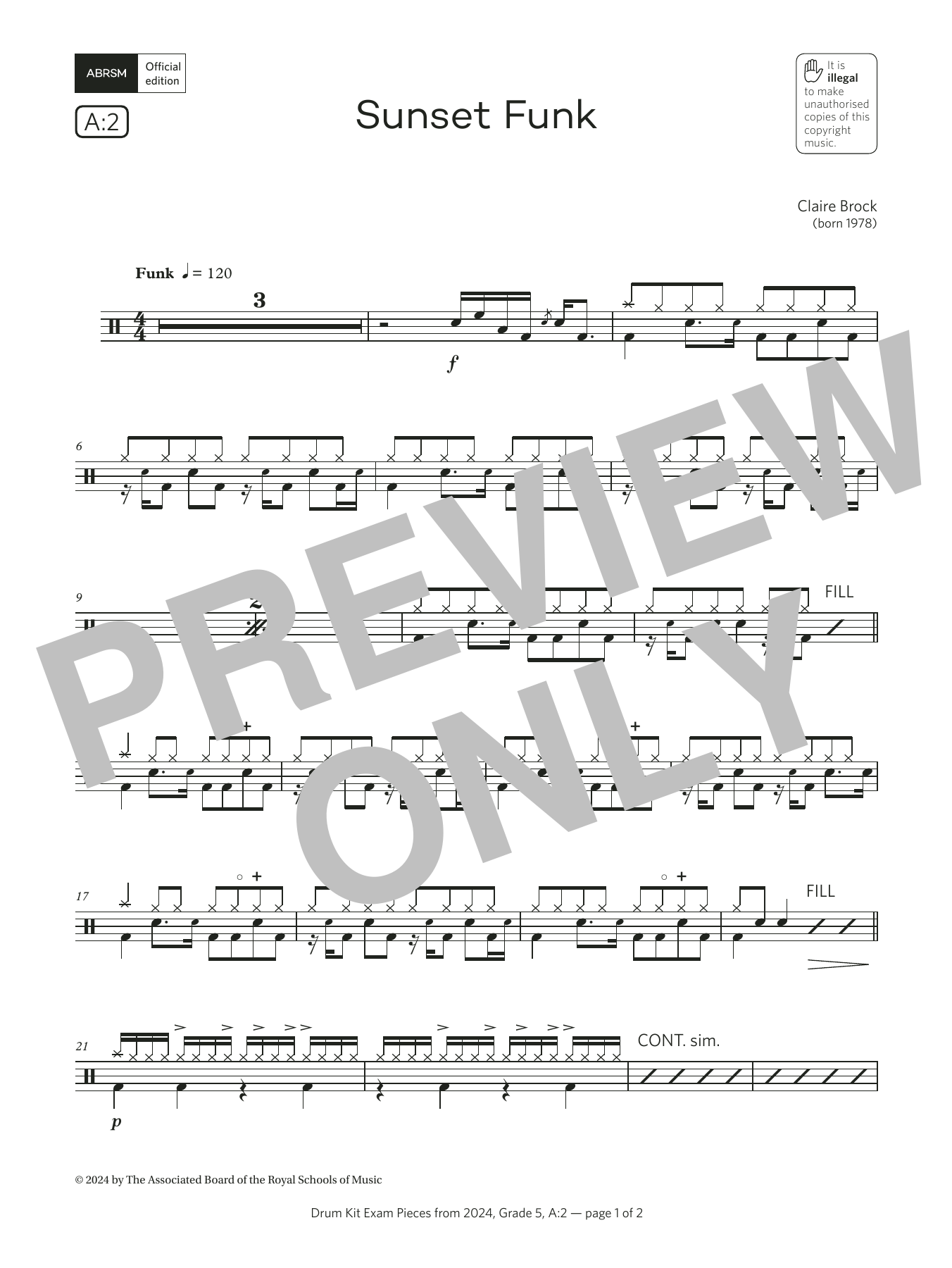 Product gallery: Page 1 of 1 Sunset Funk (Grade 5, list A2, from the ABRSM Drum Kit Syllabus 2024), Claire Brock