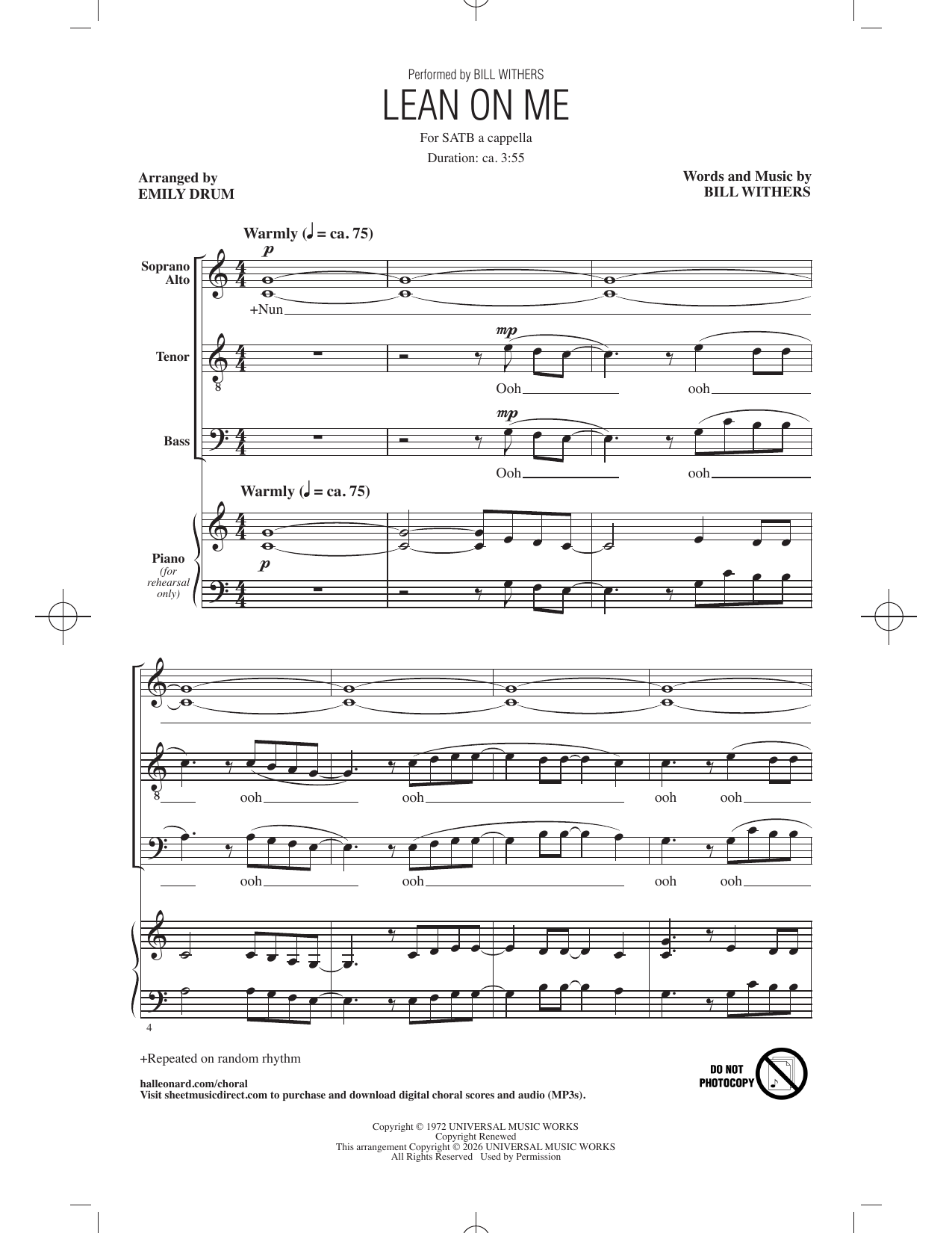 Product gallery: Page 1 of 1 Lean On Me (arr. Emily Drum), Bill Withers