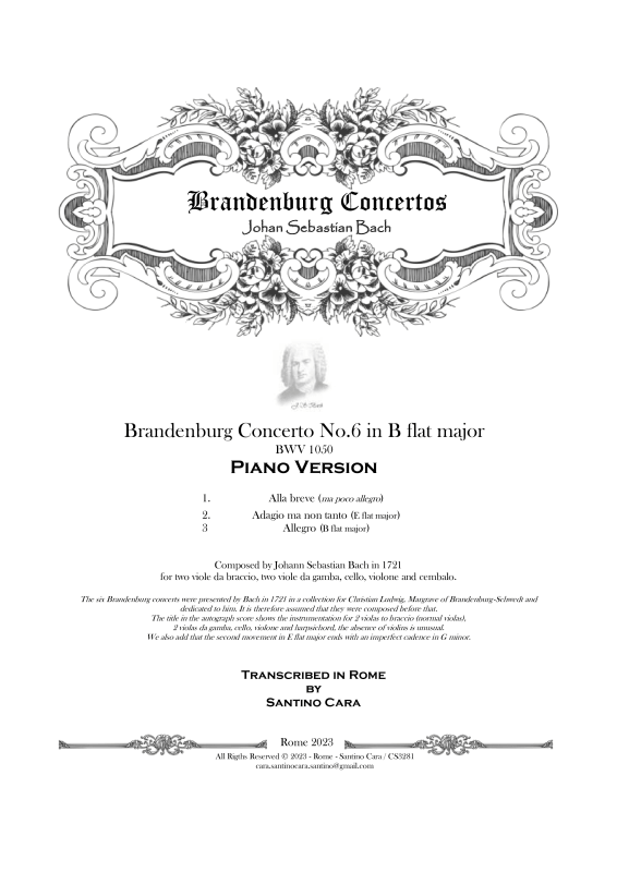 cover: Brandenburg Concerto No. 6 in B flat major BWV 1051, , Solo Piano
