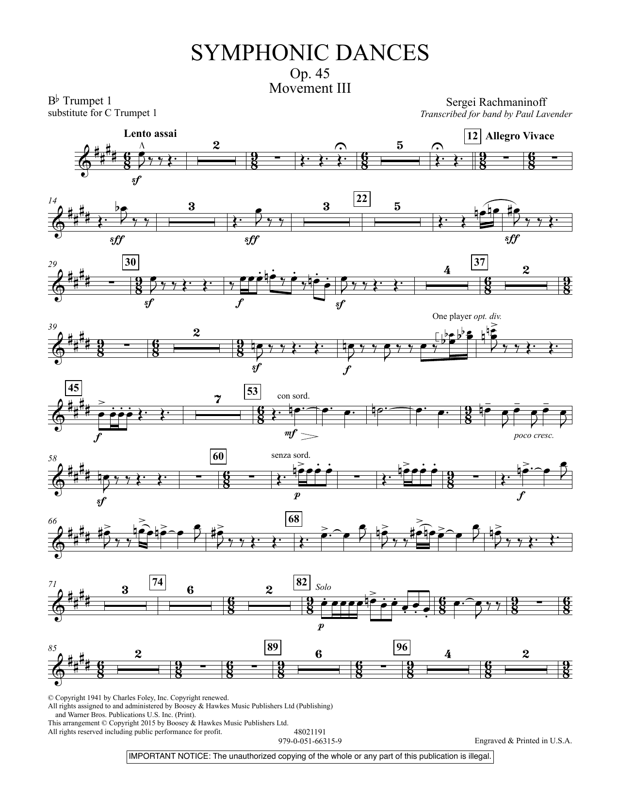 Product picture to: Symphonic Dances, Op.45 - Bb Trumpet Parts - Digital Only - Bb Trumpet 1 (sub. C Tpt. 1)
