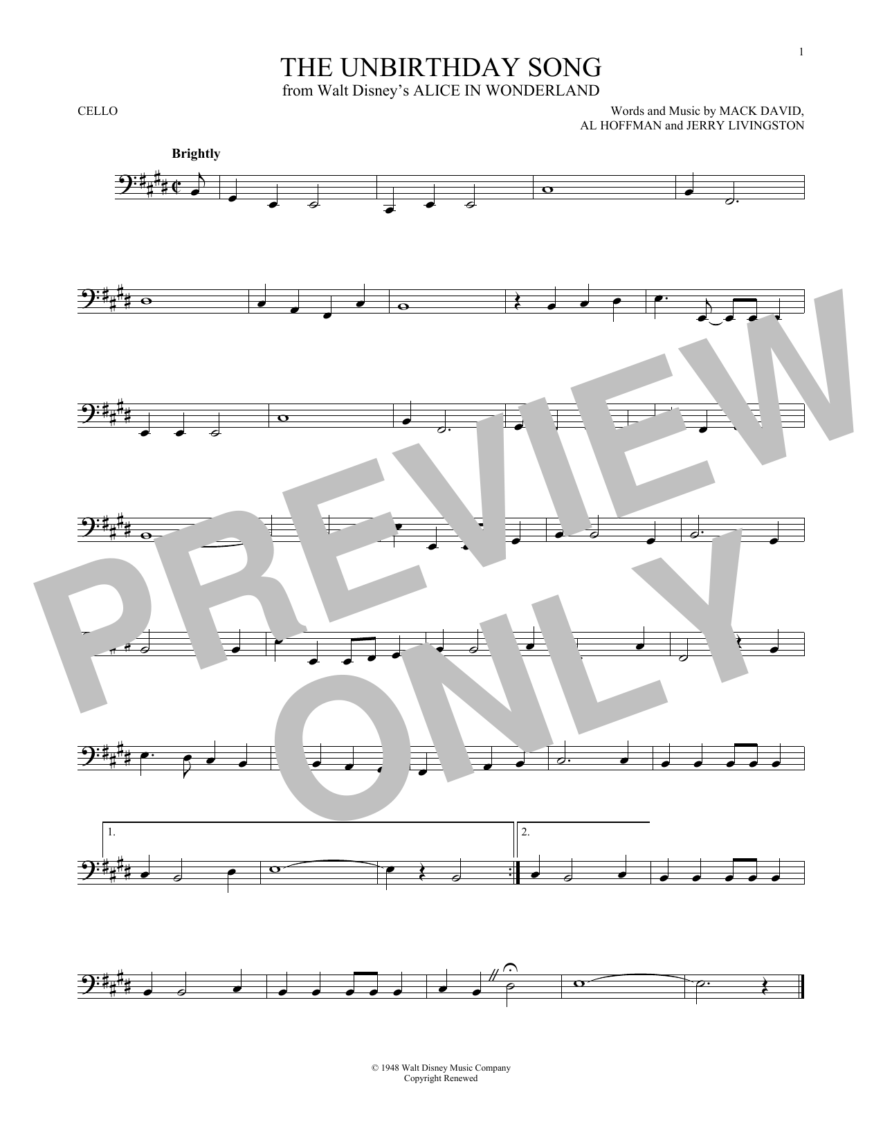 Produktgalerie: Seite 1 von 1 The Unbirthday Song (from Alice In Wonderland), Mack David, Al Hoffman and Jerry Livingston, Violoncello