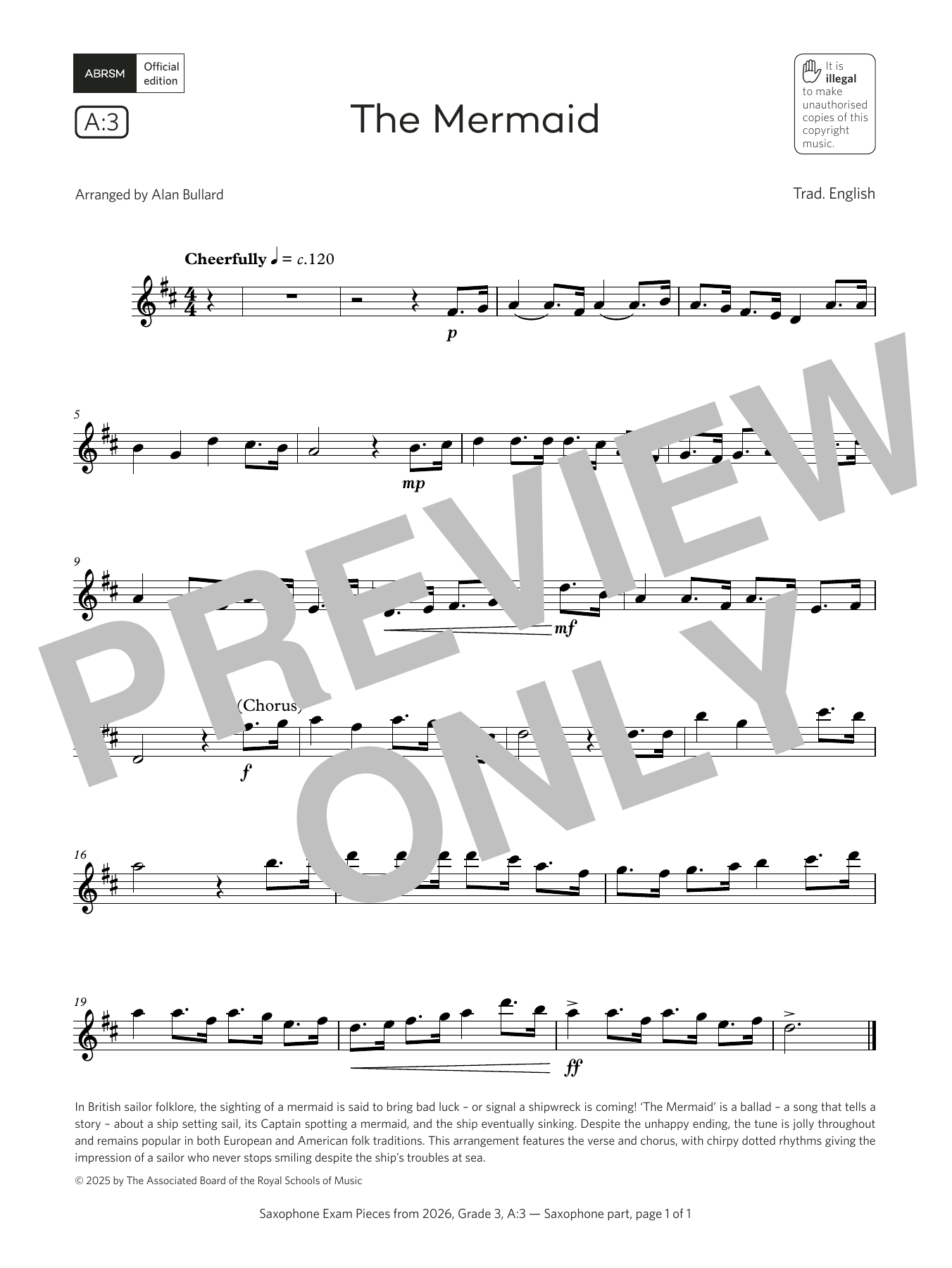 Product gallery: Page 1 of 1 The Mermaid (Grade 3, list A3, from the ABRSM Saxophone Syllabus from 2026), Trad. English