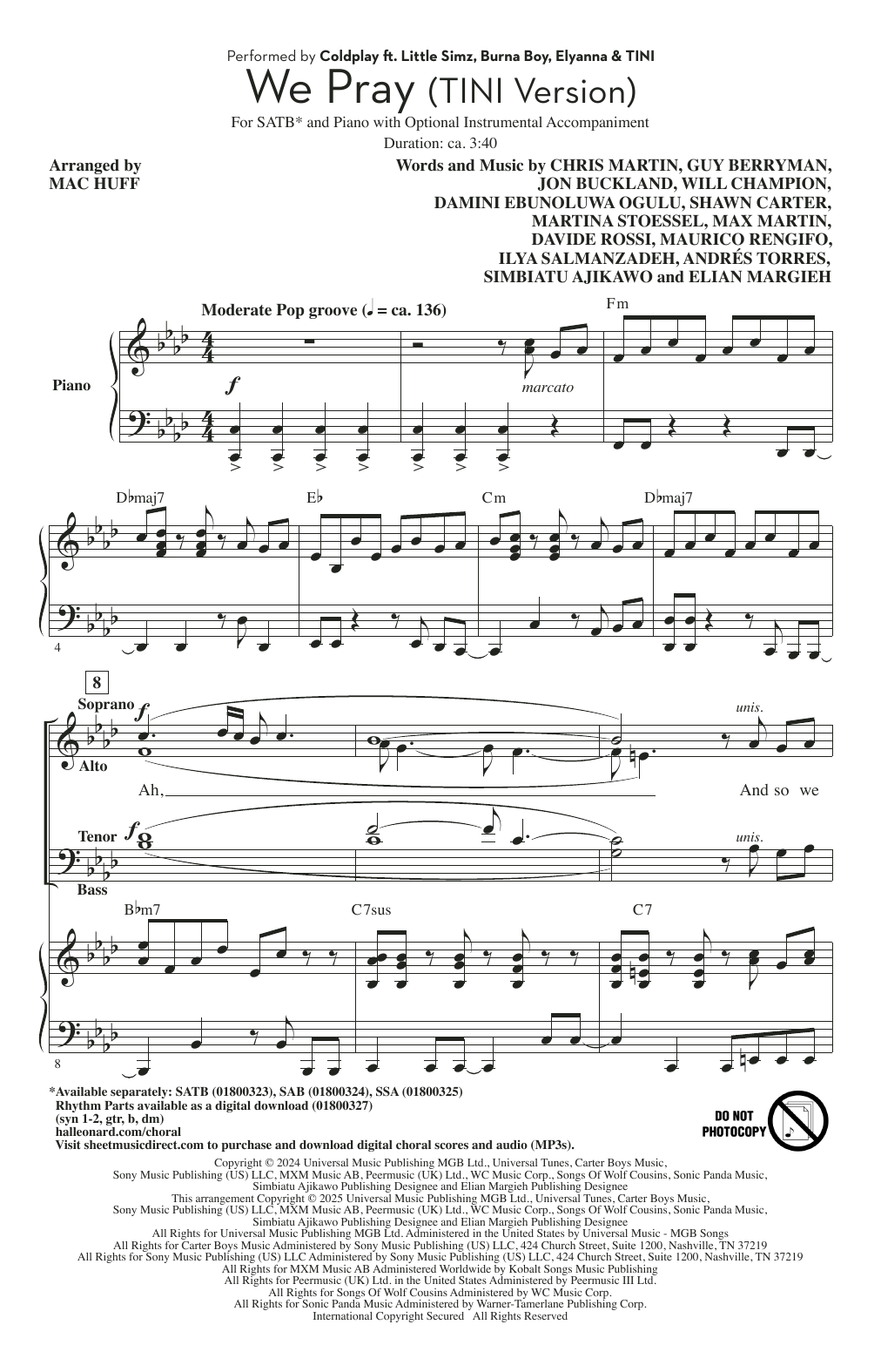 Produktgalerie: Seite 1 von 1 We Pray - Tini Version (arr. Mac Huff), Coldplay, Chor