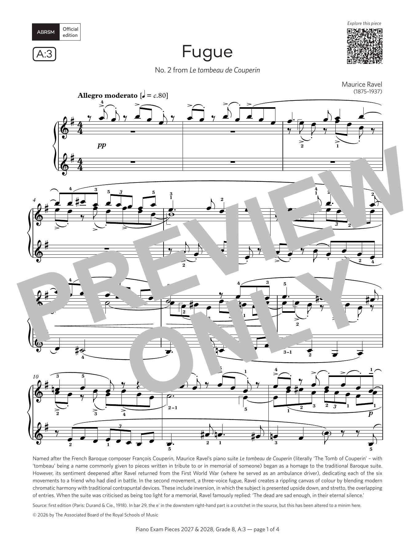 Product gallery: Page 1 of 1 Fugue (Grade 8, list A3, from the ABRSM Piano Syllabus 2027 & 2028), Maurice Ravel