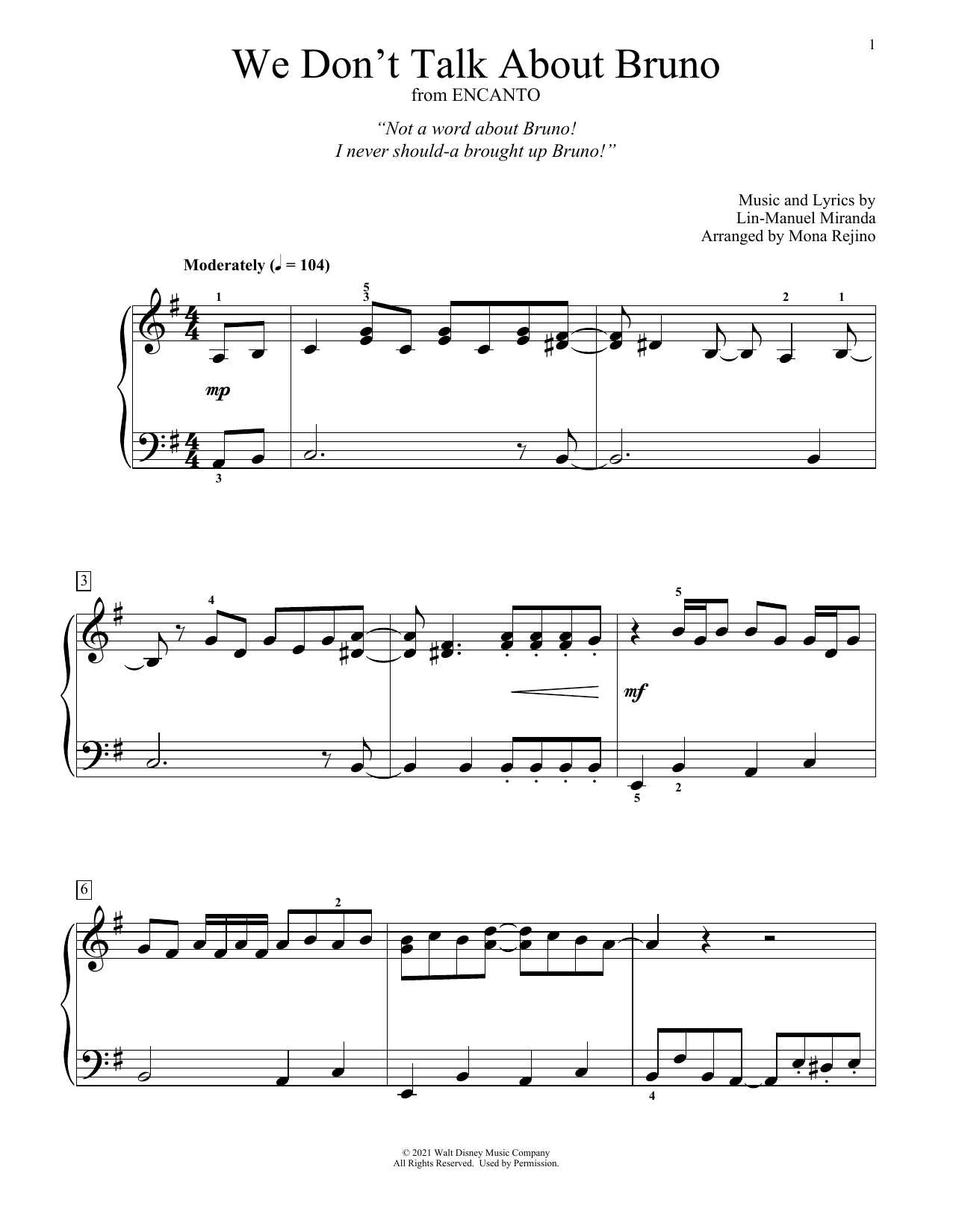 Produktbild zu: We Don't Talk About Bruno (from Encanto) (arr. Mona Rejino)