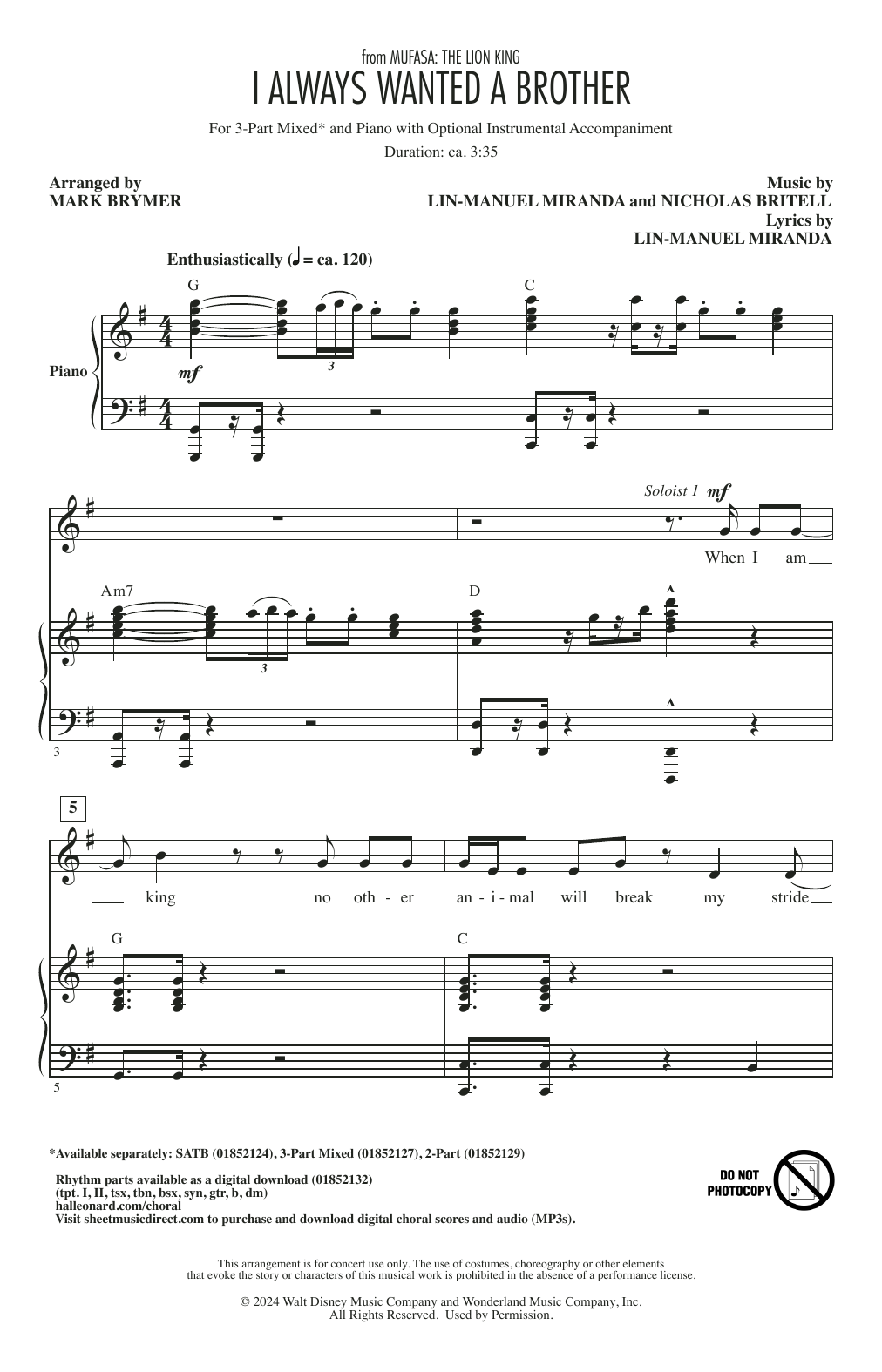 Product picture to: I Always Wanted A Brother (from Mufasa) (arr. Mark Brymer)
