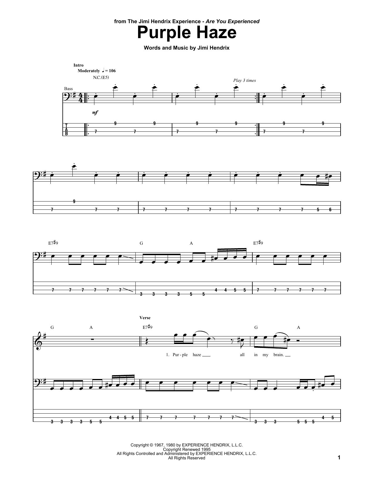 Produktgalerie: Seite 1 von 1 Purple Haze, Jimi Hendrix, E-Bass