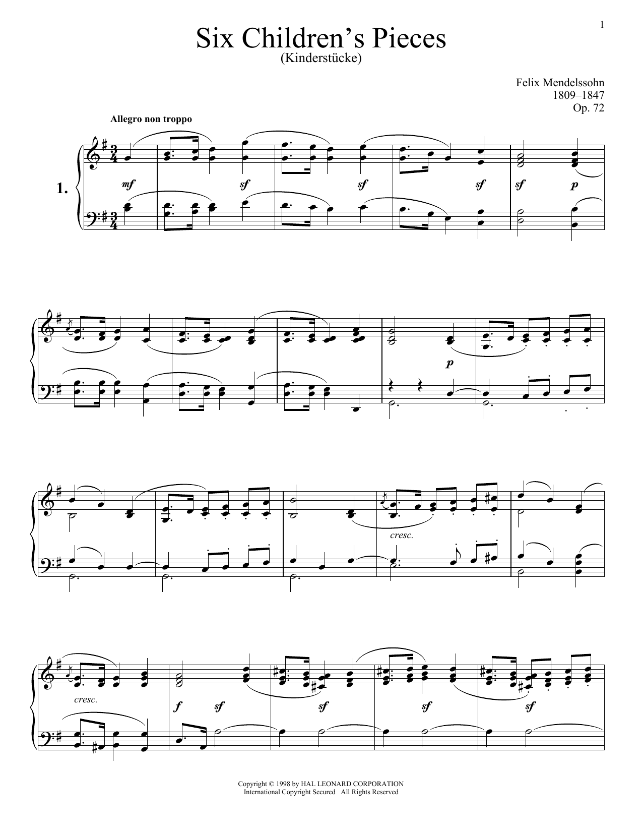 Product gallery: Page 1 of 1 Six Children's Pieces (Kinderstucke), Op. 72, Felix Mendelssohn