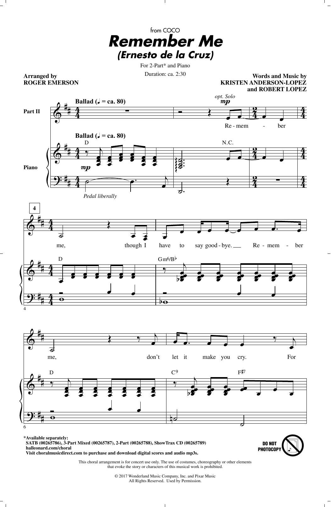Product picture to: Remember Me (Ernesto de la Cruz) (from Coco) (arr. Roger Emerson)