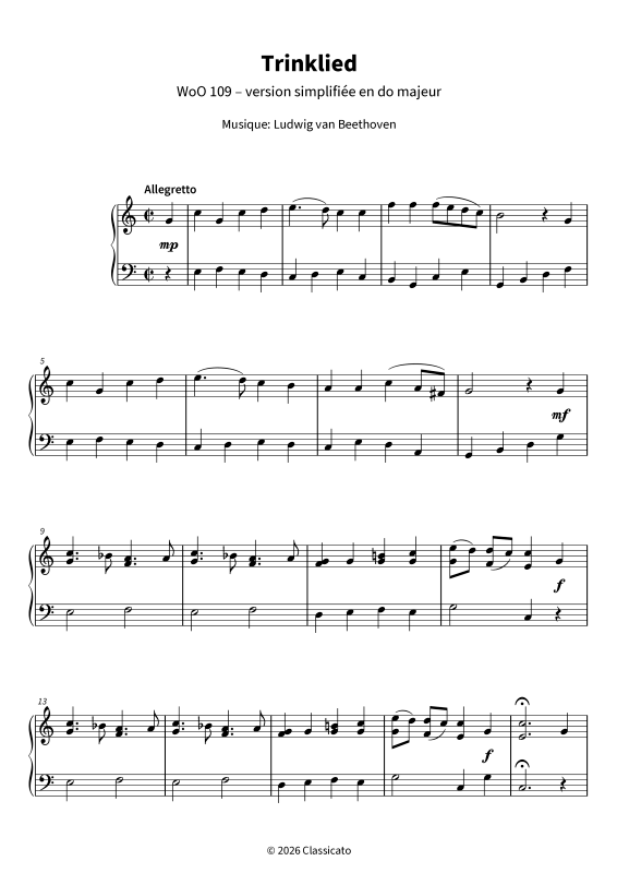 Produktgalerie: Seite 1 von 6 Chanson à boire - WoO 109 simplifié en do majeur - joyeux, léger et facile à apprendre, , Klavier Solo