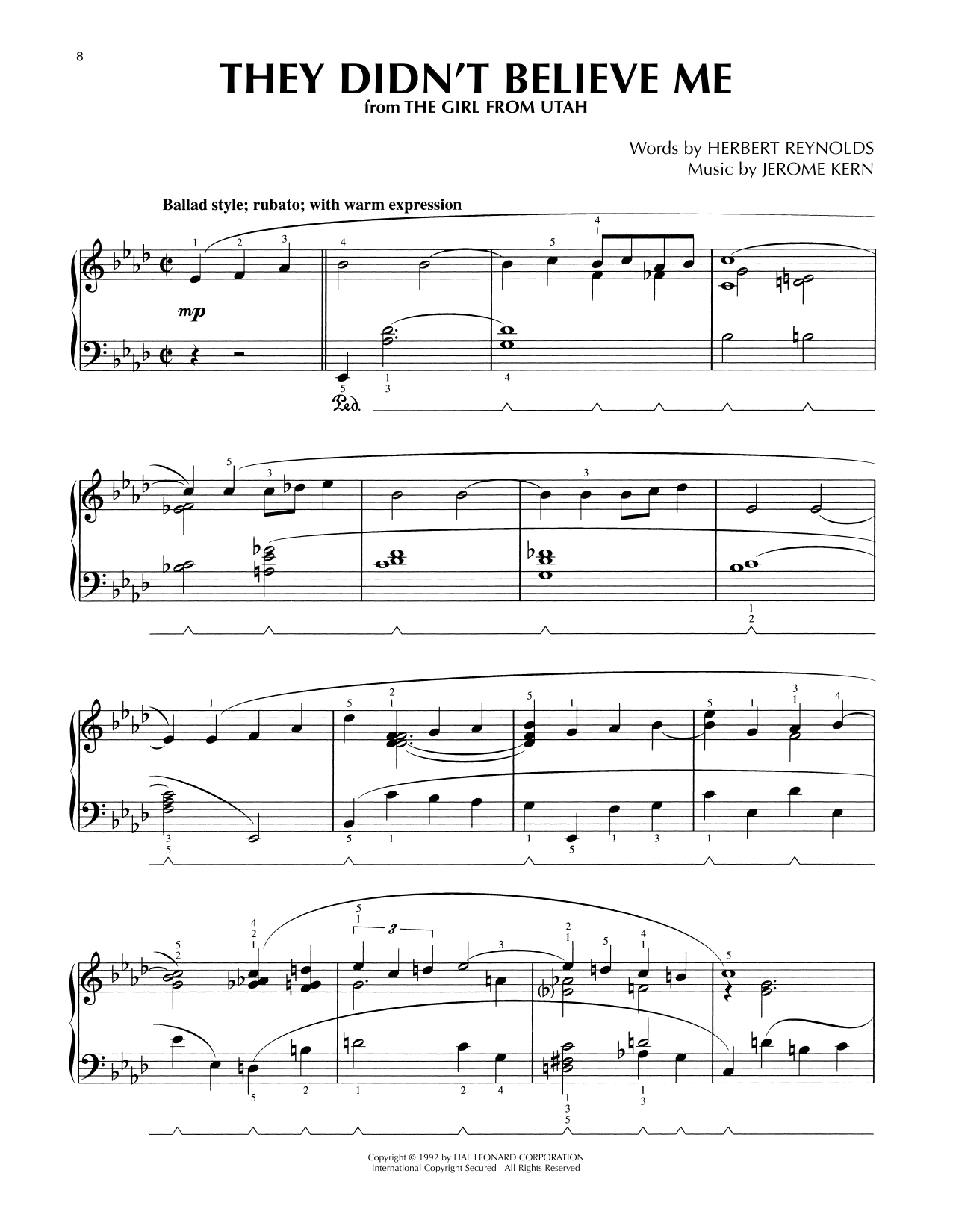 Product picture to: They Didn't Believe Me (from The Girl From Utah) (arr. Lee Evans)