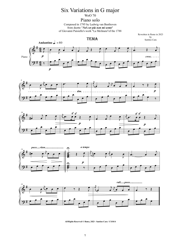 Produktbild zu: Six Variations in G major WoO 70 for Piano - From La MolinaraLudwig van Beethoven