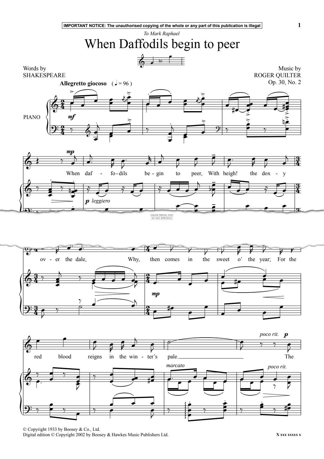 Produktgalerie: Seite 1 von 1 When Daffodils Begin To Peer, Roger Quilter, Gesang, Klavier