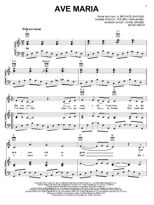 Produktgalerie: Seite 1 von 1 Ave Maria, Beyonce, Gesang, Gitarre, Klavier
