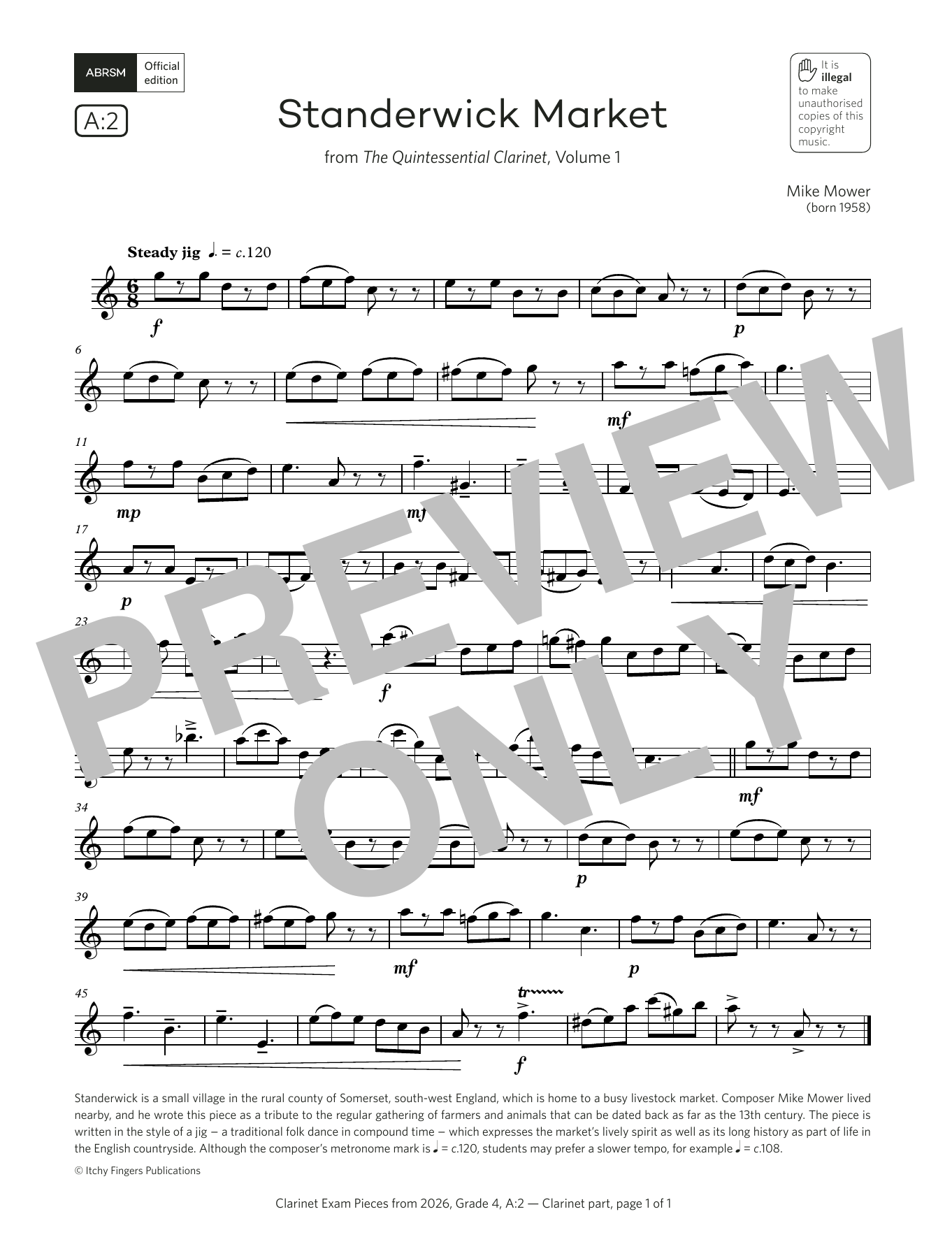 Product gallery: Page 1 of 1 Standerwick Market (Grade 4, list A2, from the ABRSM Clarinet Syllabus from 2026), Mike Mower
