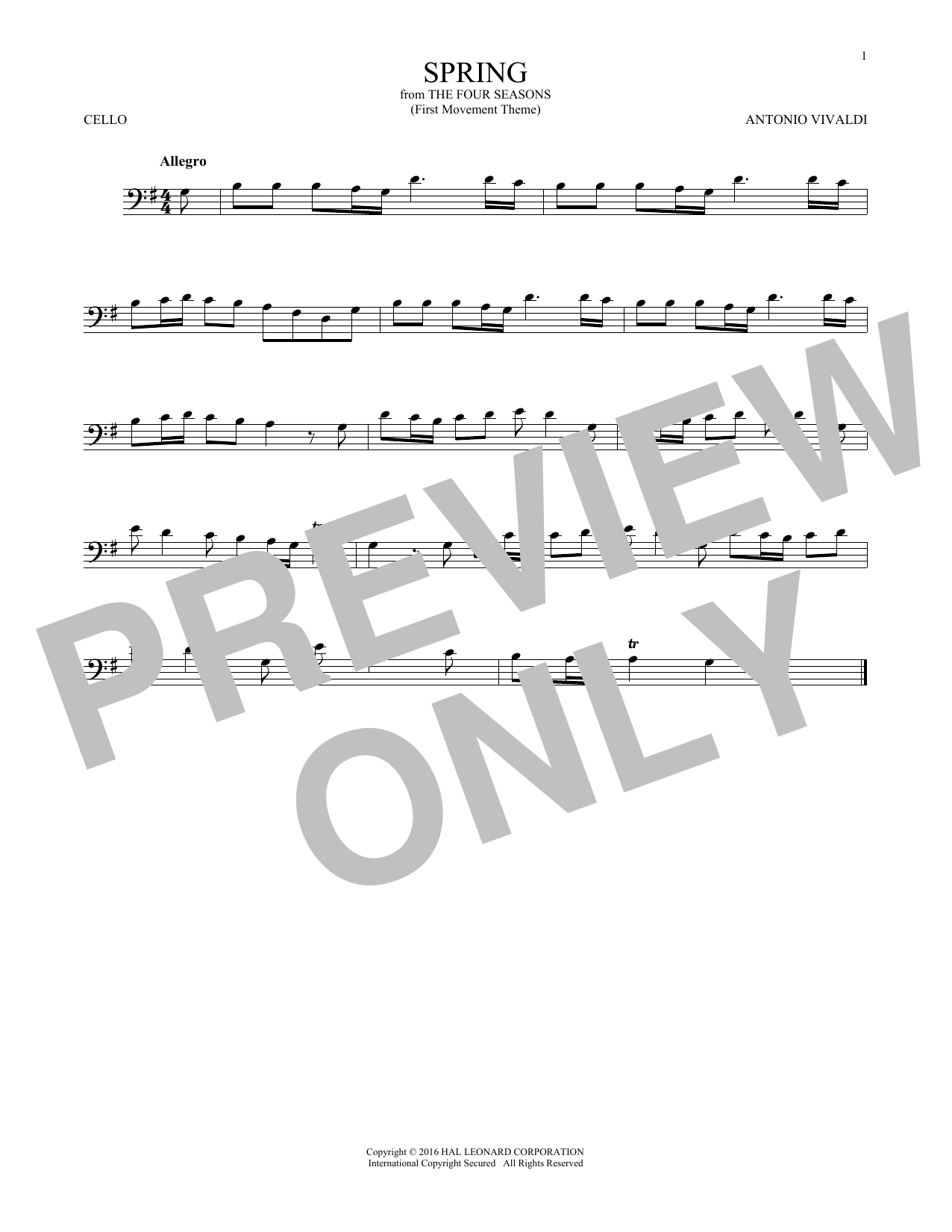 Produktgalerie: Seite 1 von 1 Allegro I, RV 269 ("Spring") (First Movement Theme), Antonio Vivaldi, Violoncello