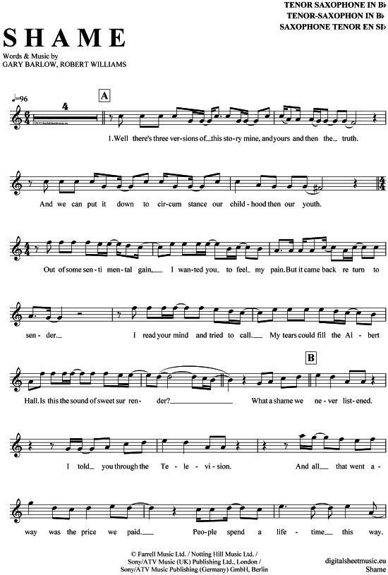 Product gallery: Page 1 of 4 Shame , Williams, Robbie/Barlow, Gary, Tenor Saxophone