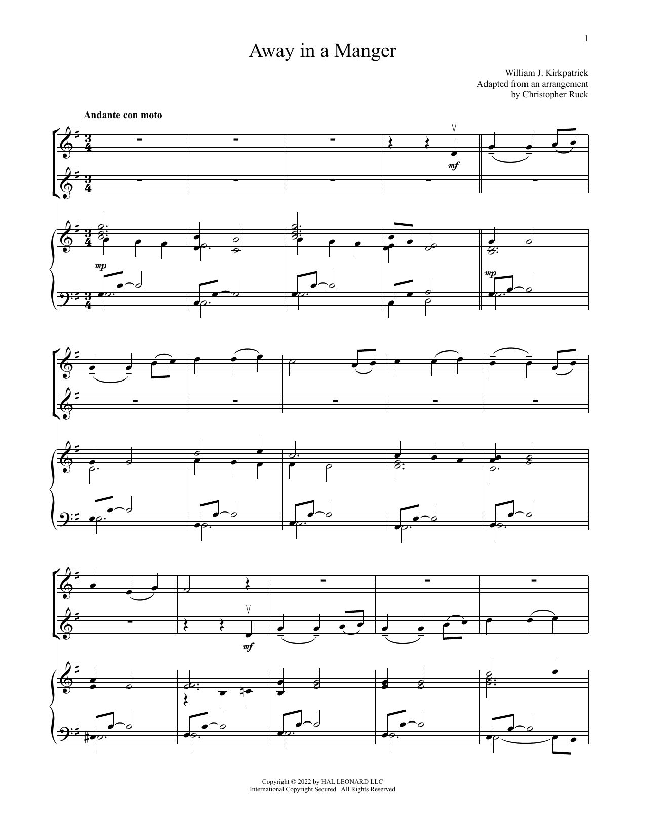 Product gallery: Page 1 of 1 Away In A Manger (for Violin Duet and Piano), Traditional
