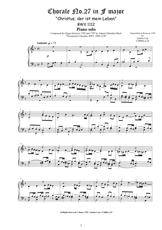 Produktbild zu: Choral No.27 in F-Dur (Christus, der ist mein Leben) BWV 1112Johann Sebastian Bach