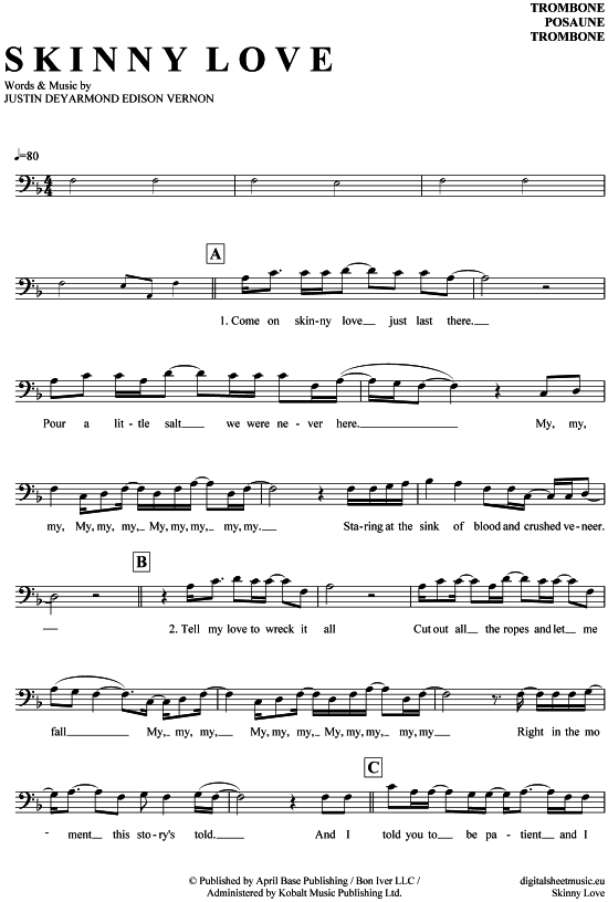 Product gallery: Page 1 of 4 Skinny Love , Birdy, (Posaune / Bariton)