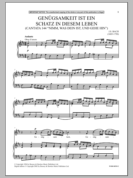 Produktgalerie: Seite 1 von 1 Genugsamkeit Ist Ein Schatz In Diesem Leben (Cantata 144 Nimm, Was Dein Ist, Und Gehe Hin), Johann Sebastian Bach, Gesang, Klavier