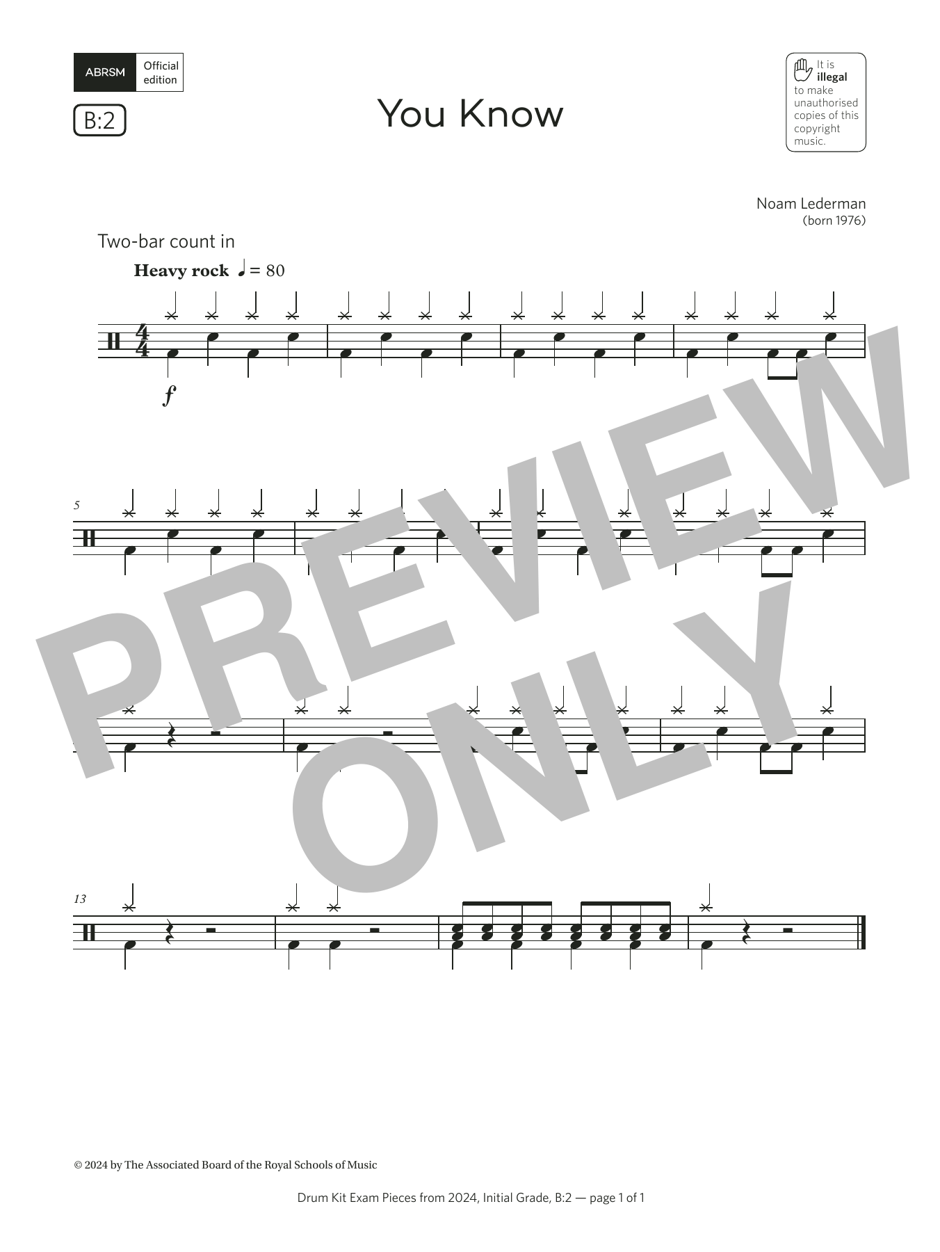 Product gallery: Page 1 of 1 You Know (Grade Initial, list B2, from the ABRSM Drum Kit Syllabus 2024), Noam Lederman