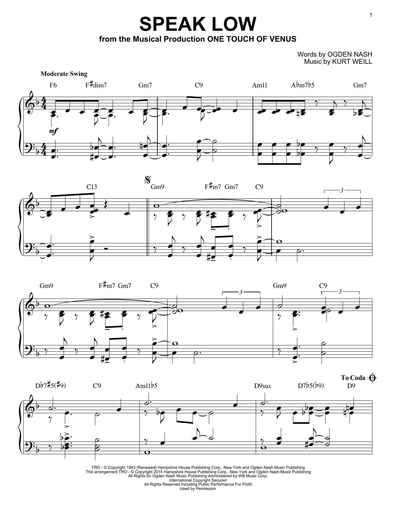 Product gallery: Page 1 of 1 Speak Low [Jazz version] (arr. Brent Edstrom), Kurt Weill