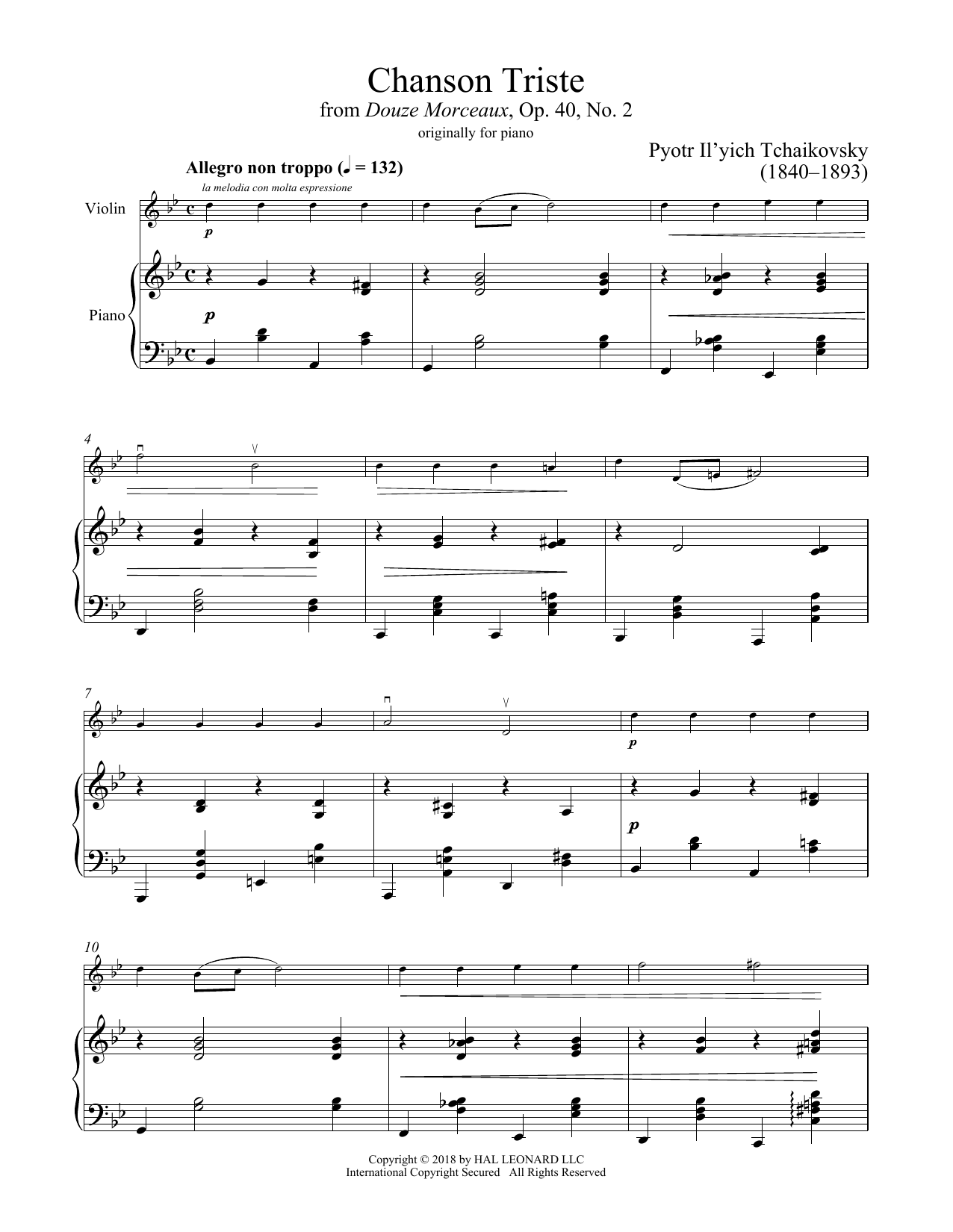 Product gallery: Page 1 of 1 Chanson Triste, Op. 40, No. 2, Pyotr Il'yich Tchaikovsky