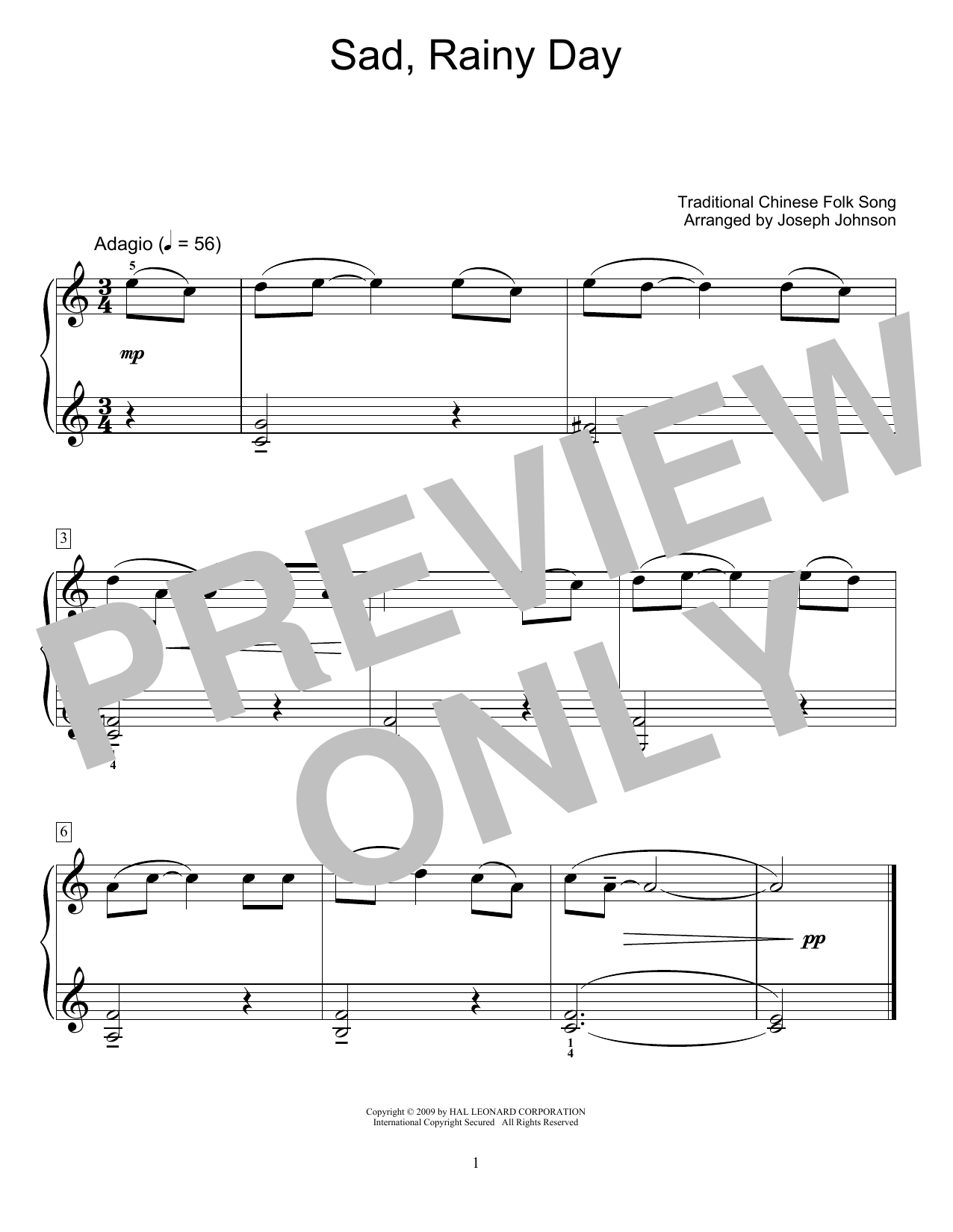 Product gallery: Page 1 of 1 Sad, Rainy Day (arr. Joseph Johnson), Traditional Chinese Folk Song