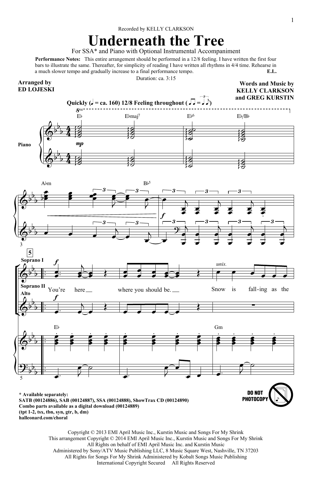 Product picture to:  Underneath The Tree (arr. Ed Lojeski) - Kelly Clarkson