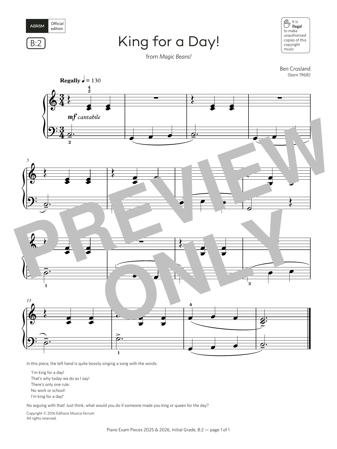 Produktbild zu:  King for a Day! (Grade Initial, list B2, from the ABRSM Piano Syllabus 2025 & 2026) - Ben Crosland