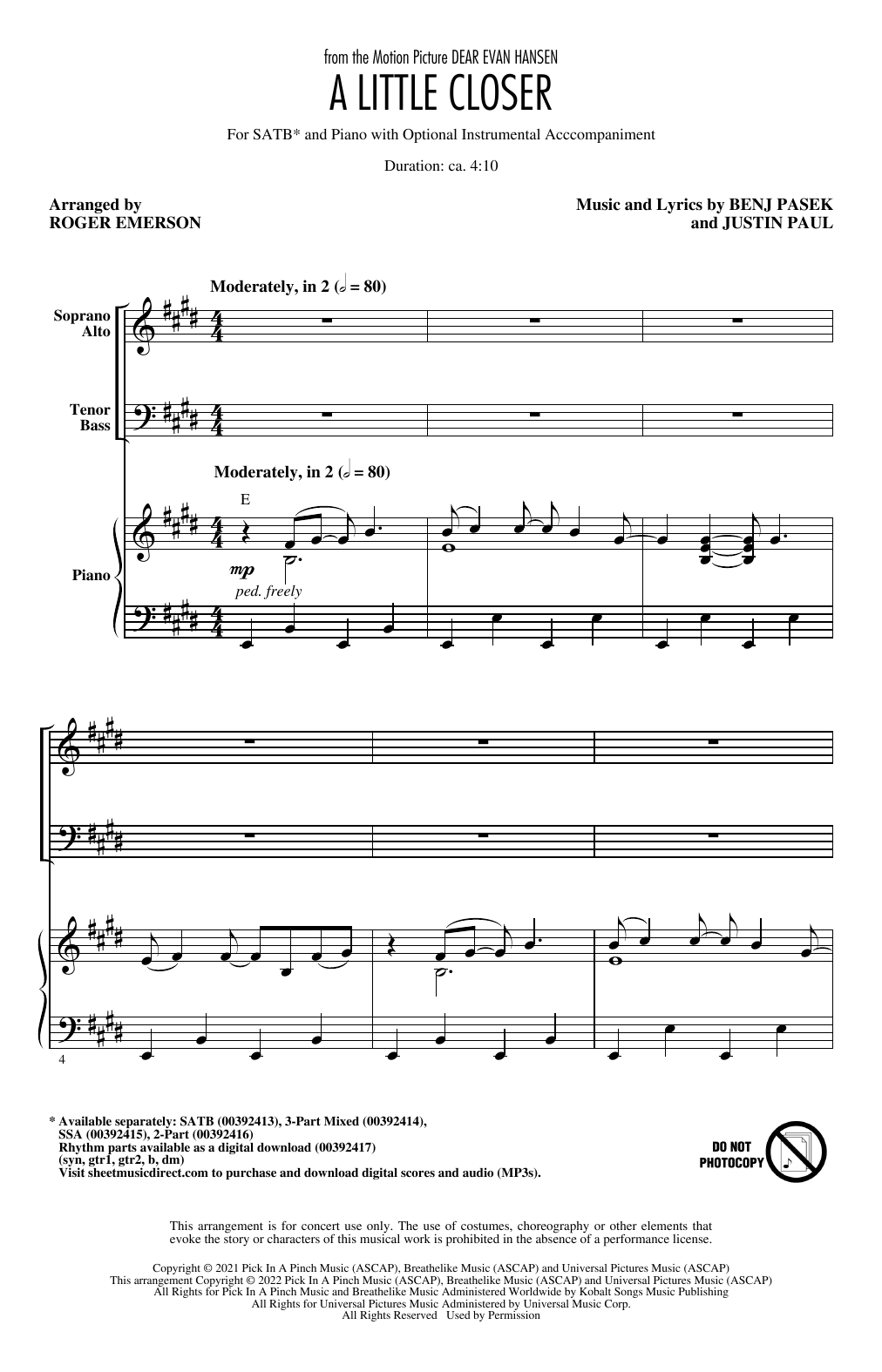 Product picture to: A Little Closer (from Dear Evan Hansen) (arr. Roger Emerson)