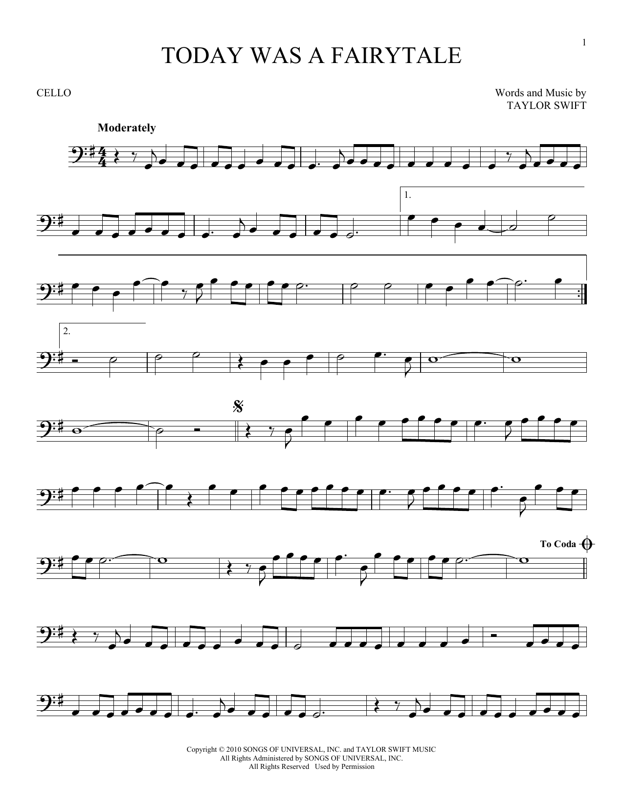 Produktgalerie: Seite 1 von 1 Today Was A Fairytale, Taylor Swift, Violoncello