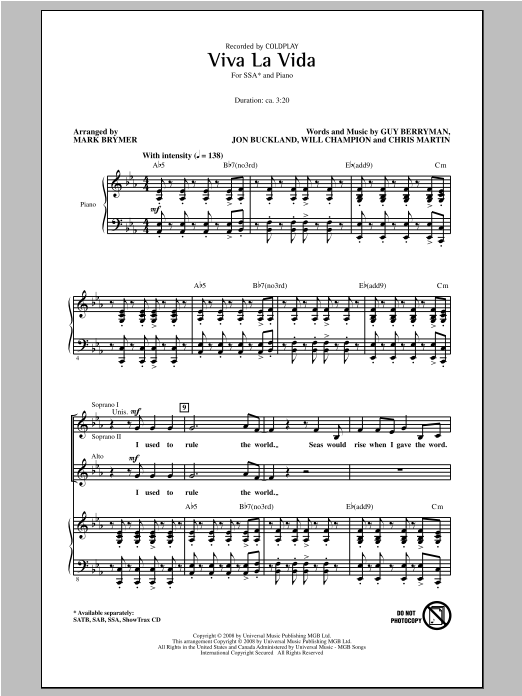 Produktgalerie: Seite 1 von 1 Viva La Vida (arr. Mark Brymer), Coldplay, Chor