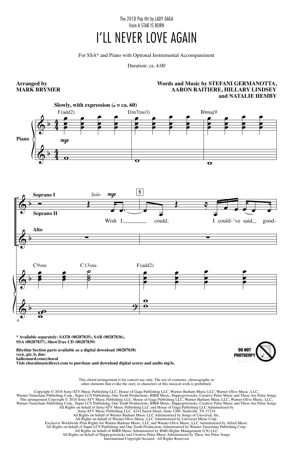 Produktgalerie: Seite 1 von 1 I'll Never Love Again (from A Star Is Born) (arr. Mark Brymer), Lady Gaga, Chor