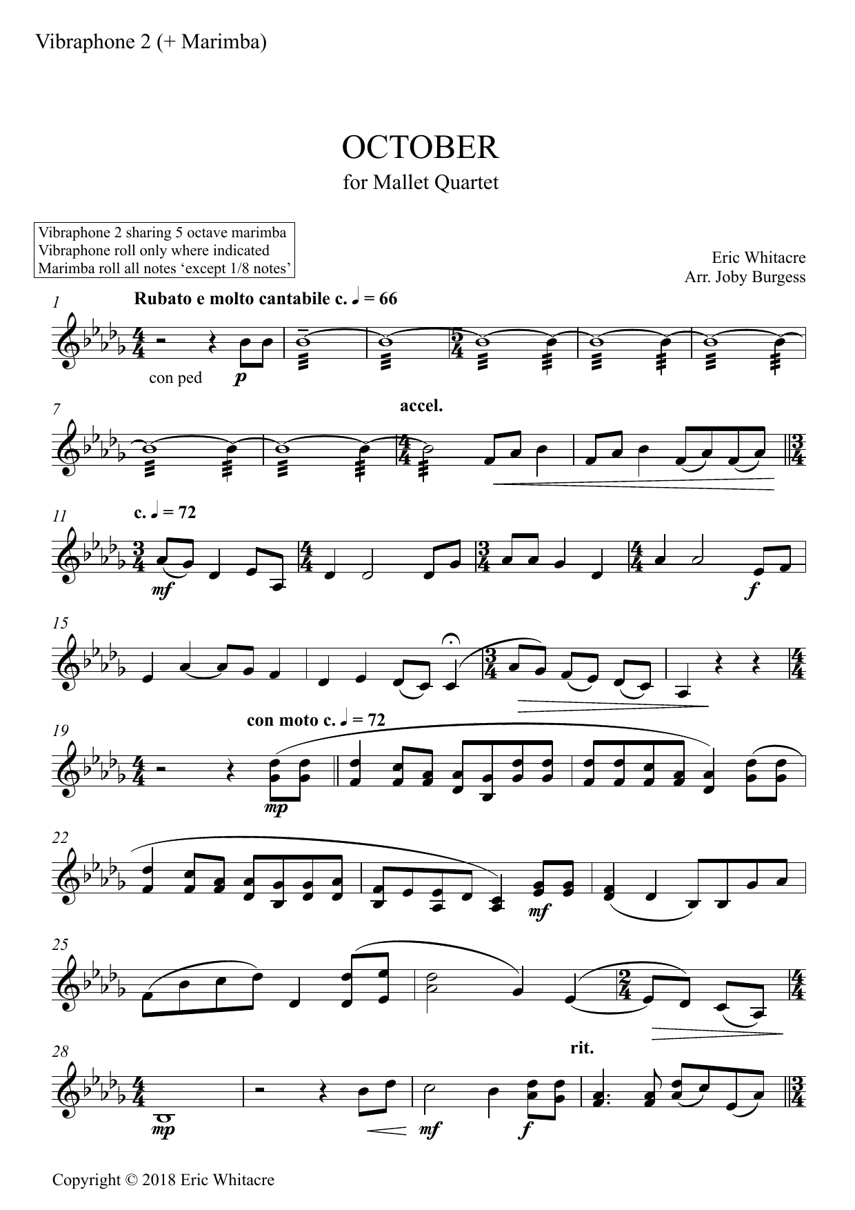 Produktgalerie: Seite 1 von 1 October (Alleluia) for Mallet Quartet (arr. Joby Burgess) - VIBRAPHONE 2 SHARE MARIMBA 2, Eric Whitacre, Percussion