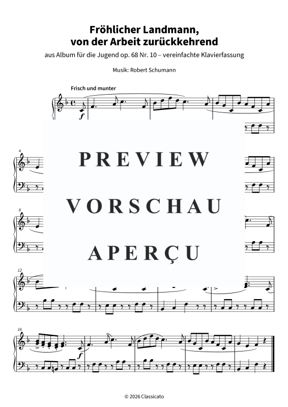 Produktgalerie: Seite 5 von 5 Fröhlicher Landmann, von der Arbeit zurückkehrend - aus Album für die Jugend op. 68 Nr. 10 - vereinfachte Klavierfassung, , Klavier Solo