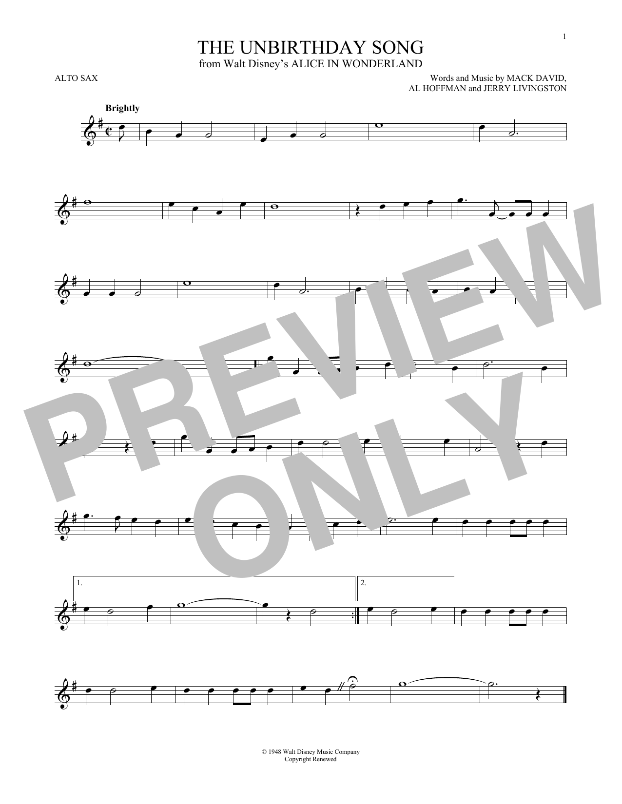 Product gallery: Page 1 of 1 The Unbirthday Song (from Alice In Wonderland), Mack David, Al Hoffman and Jerry Livingston