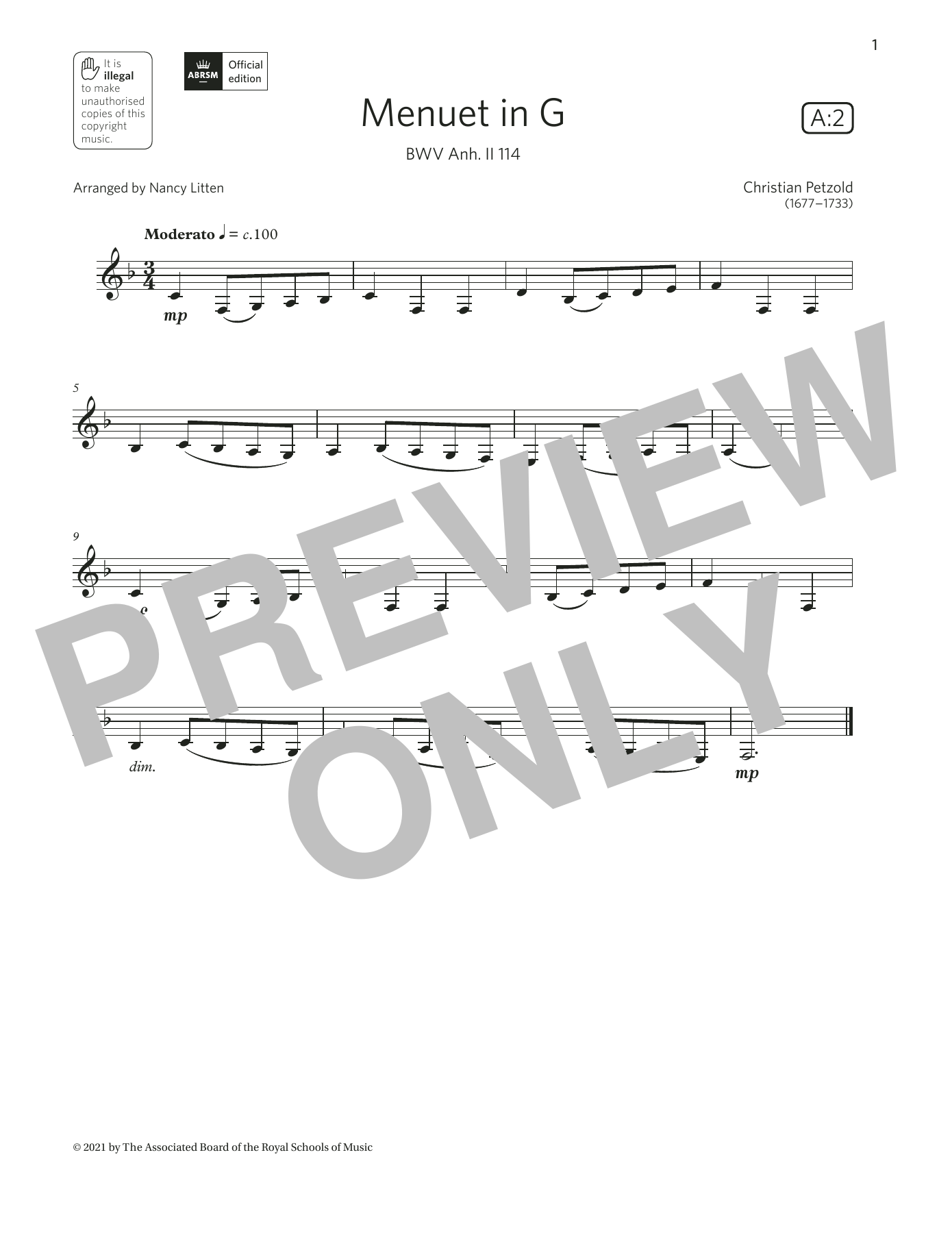 Product gallery: Page 1 of 1 Menuet in G, BWV Anh. II 114  (Grade 1 List A2 from the ABRSM Clarinet syllabus from 2022), Christian Petzold