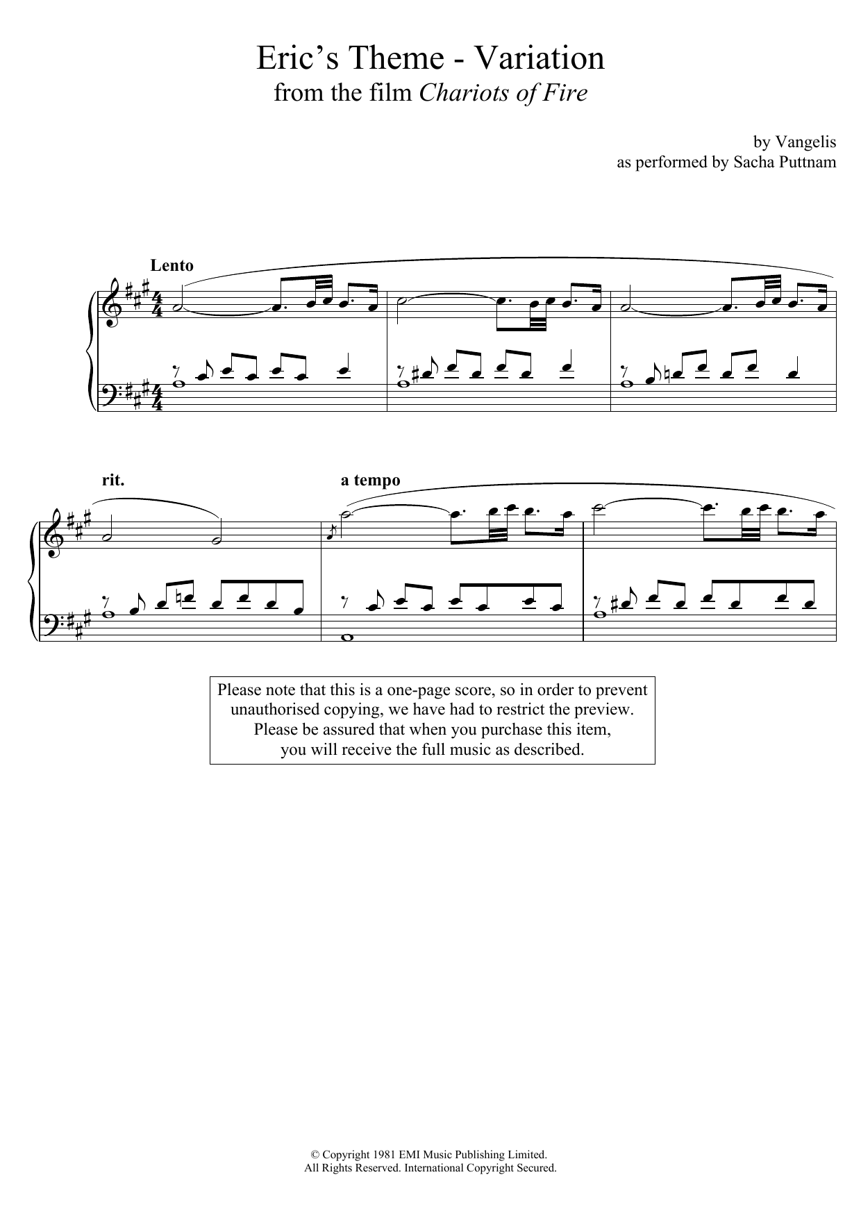Product gallery: Page 1 of 1 Eric's Theme- Variation (From Chariots Of Fire) (as performed by Sacha Puttnam), Vangelis
