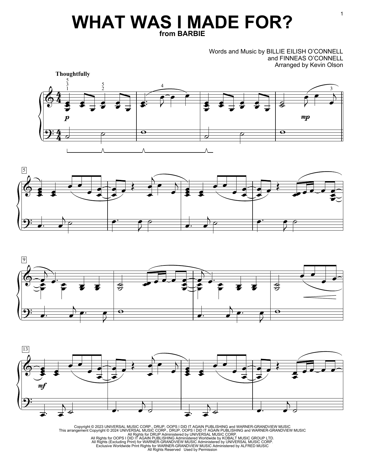 Produktgalerie: Seite 1 von 1 What Was I Made For? (from Barbie) (arr. Kevin Olson), Billie Eilish, Klavier