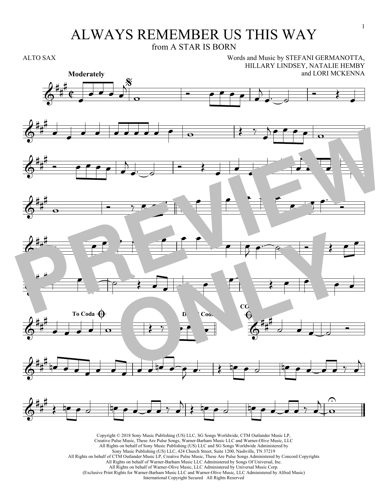 Product gallery: Page 1 of 1 Always Remember Us This Way (from A Star Is Born), Lady Gaga