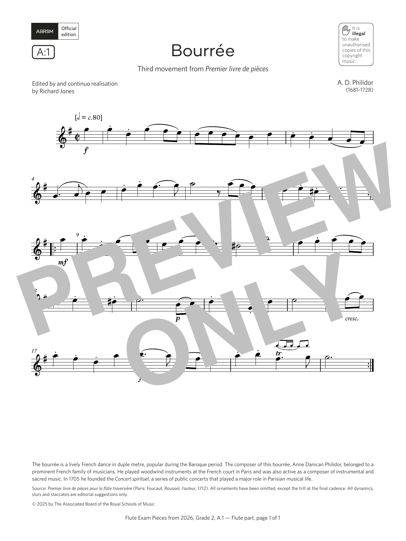 Product gallery: Page 1 of 1 Bourrée (Grade 2, list A1, from the ABRSM Flute Syllabus from 2026), Anne Danican Philidor