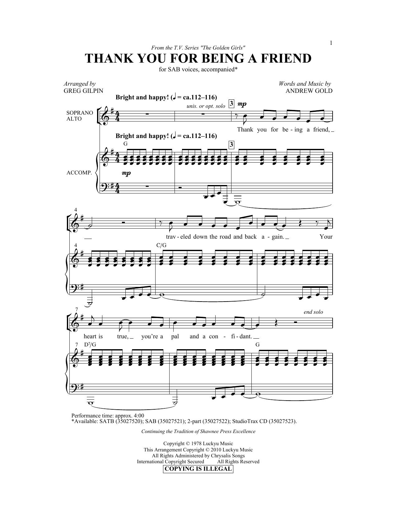 Produktbild zu: Thank You For Being A Friend (Theme from The Golden Girls) (arr. Greg Gilpin)
