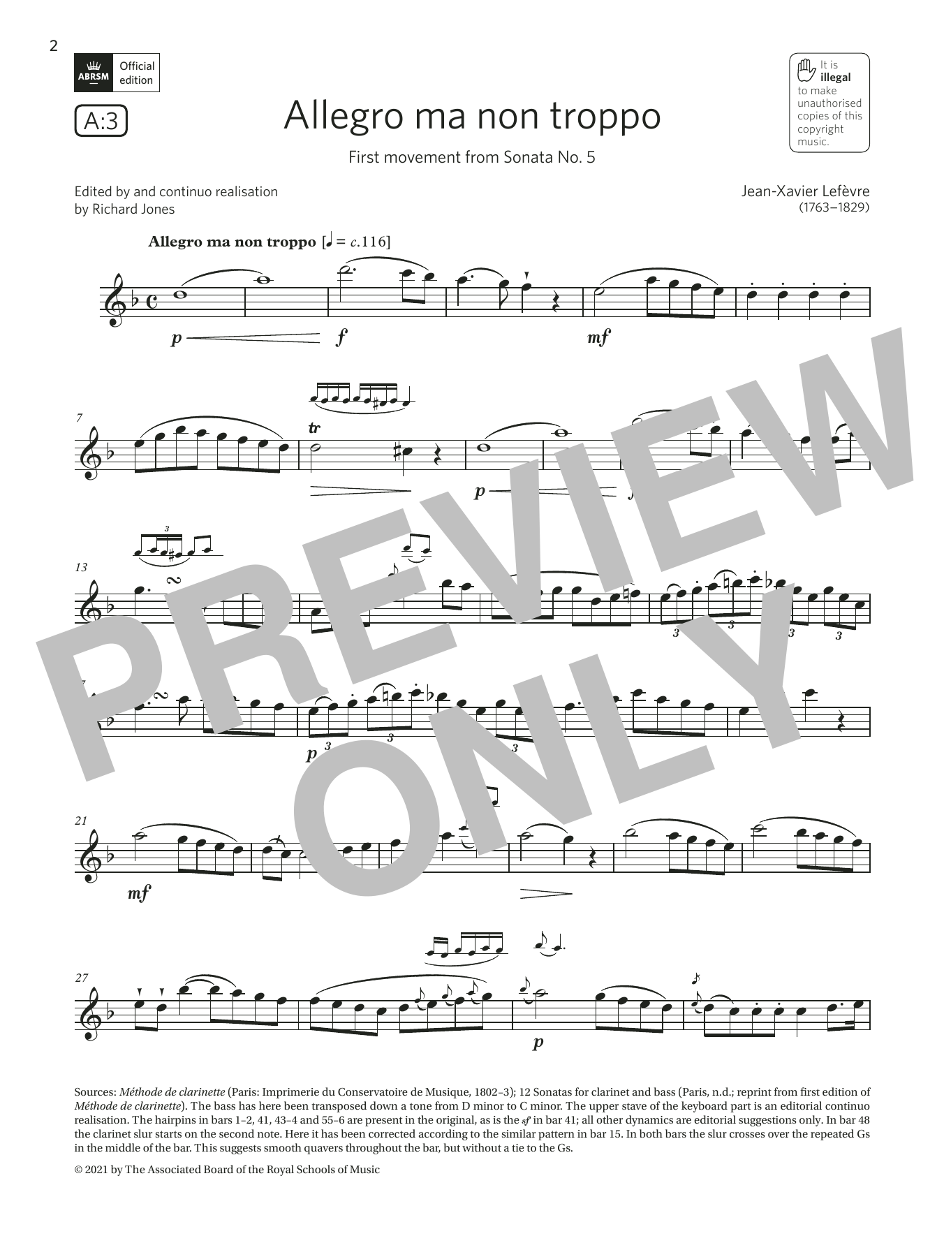 Product gallery: Page 1 of 1 Allegro ma non troppo (from Sonata No5)(Grade 6 List A3 from the ABRSM Clarinet syllabus from 2022), Jean-Xavier Lefèvre